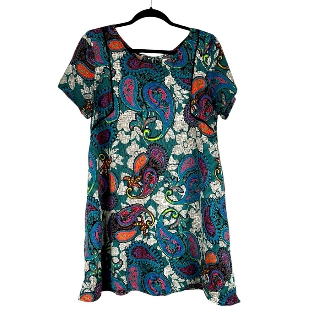 Glamorous Green Paisley Summer Vacation Short Sleeve Flowy Boho Dress Size Large